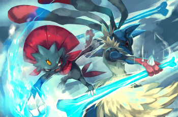 Картинка аниме pokemon megalucario weavile арт покемоны битва