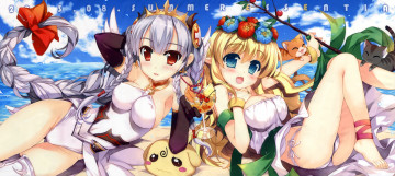 Картинка аниме животные +существа fujima takuya небо брызги море коктейль бант коты цветы пляж девушки арт