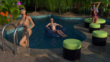 Картинка 3д+графика люди+ people бассейн фон цветы взгляд девушки