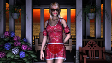 Картинка 3д+графика люди+ people фон очки цветы платье взгляд девушка