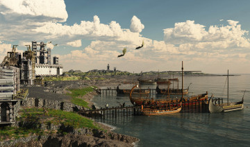 Картинка 3д+графика фантазия+ fantasy замок пирс небо залив ладьи