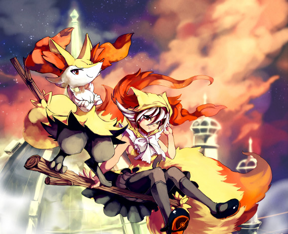 Обои картинки фото аниме, pokemon, арт, покемон, небо, девушка