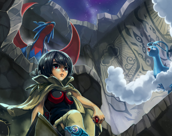 Обои картинки фото аниме, pokemon, звёздное, покемон, руины, небо, девушка, драконы