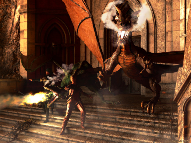 Обои картинки фото 3д графика, фантазия , fantasy, фон, девушки, взгляд, лестница, драконы