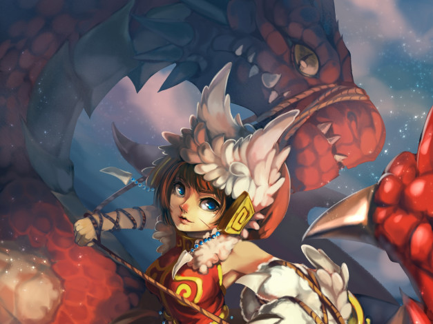 Обои картинки фото аниме, животные,  существа, арт, девушка, взгляд, дракон