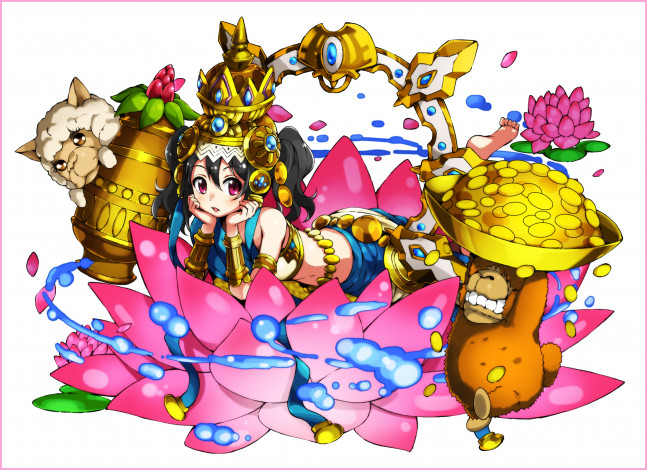 Обои картинки фото аниме, животные,  существа, yazawa, nico, взгляд, девушка, арт, nanda, rone, золото, монеты, брюнетка