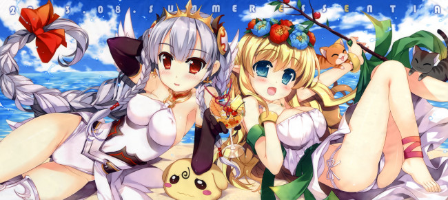 Обои картинки фото аниме, животные,  существа, fujima, takuya, небо, брызги, море, коктейль, бант, коты, цветы, пляж, девушки, арт