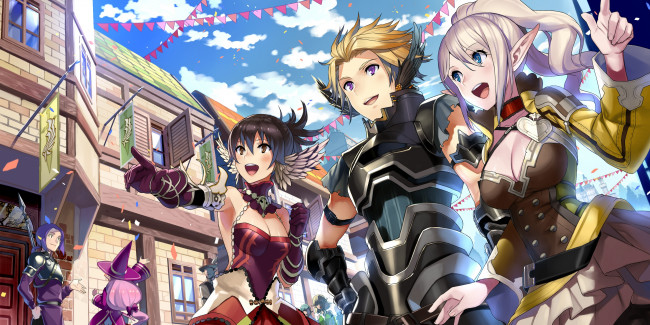 Обои картинки фото аниме, оружие,  техника,  технологии, город, улица, девушки, арт, matsui, hiroaki, парень, эльфы, веселье, праздник, облака, карнавал, небо, флажки