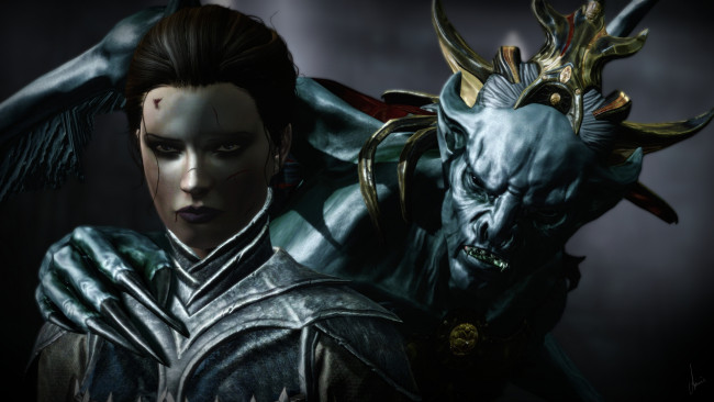 Обои картинки фото 3д графика, фантазия , fantasy, девушка, взгляд, фон, демон