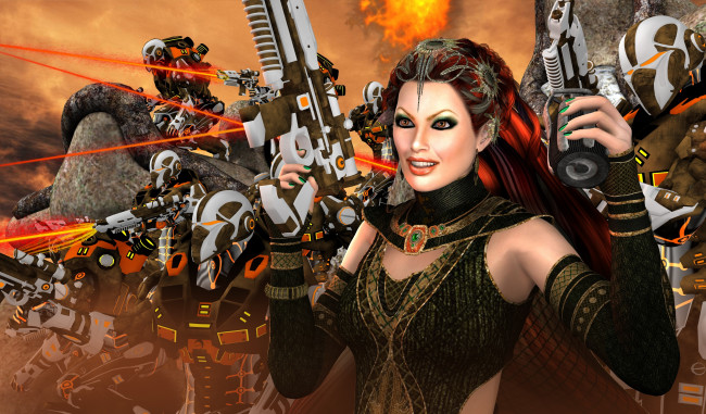 Обои картинки фото 3д графика, фантазия , fantasy, оружие, фон, взгляд, девушка