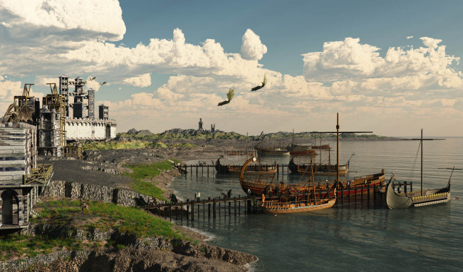 Обои картинки фото 3д графика, фантазия , fantasy, замок, пирс, небо, залив, ладьи