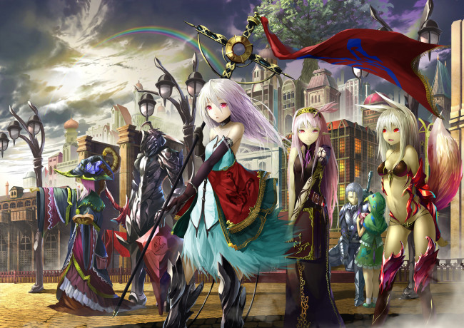 Обои картинки фото аниме, оружие,  техника,  технологии, tyappygain, парни, арт, улица, лавочка, фонари, город, здания, девушки, доспехи