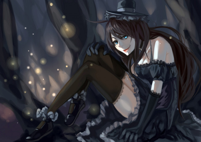 Обои картинки фото аниме, unknown,  другое, kuroduki, шляпка, брюнетка, взгляд, девушка, арт