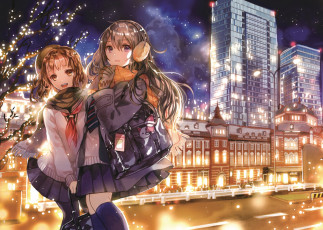 Картинка аниме город +улицы +здания девушки взгляд фон