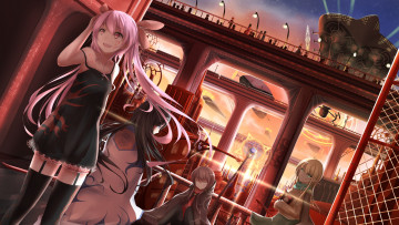 Картинка аниме город +улицы +здания девушки взгляд фон