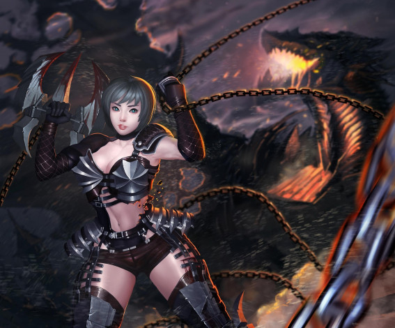 Обои картинки фото фэнтези, красавицы и чудовища, дракон, оружие, девушка, арт, цепи