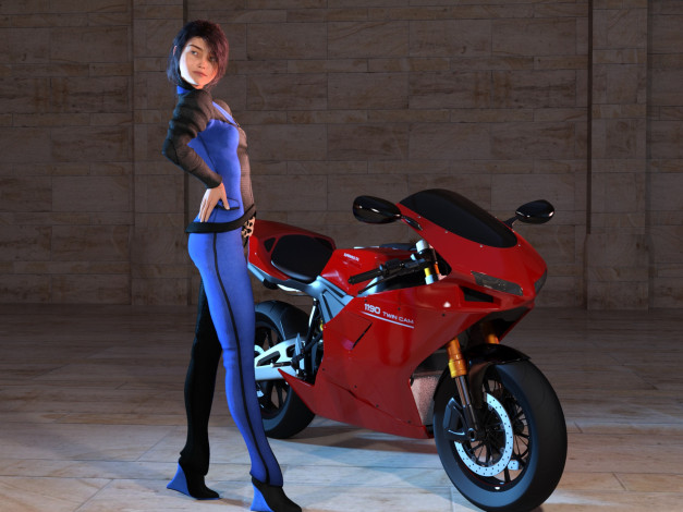 Обои картинки фото 3д графика, люди-авто, мото , people- car ,  moto, мотоцикл, фон, взгляд, девушка