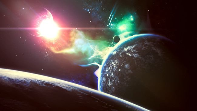 Обои картинки фото космос, арт, сияние, звезды, планета