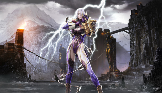 Обои картинки фото фэнтези, девушки, униформа, гора, молния, фон, взгляд, девушка