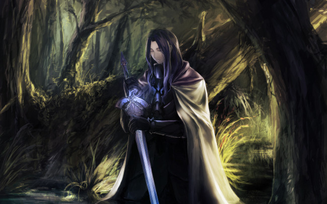 Обои картинки фото аниме, fate, stay night, меч, парень, лес