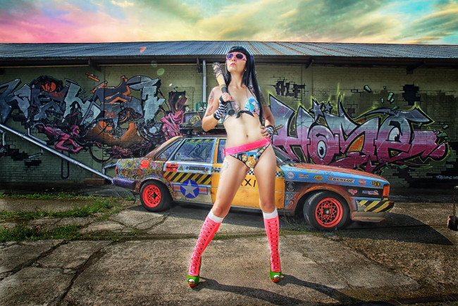 Обои картинки фото автомобили, -авто с девушками, бита, граффити