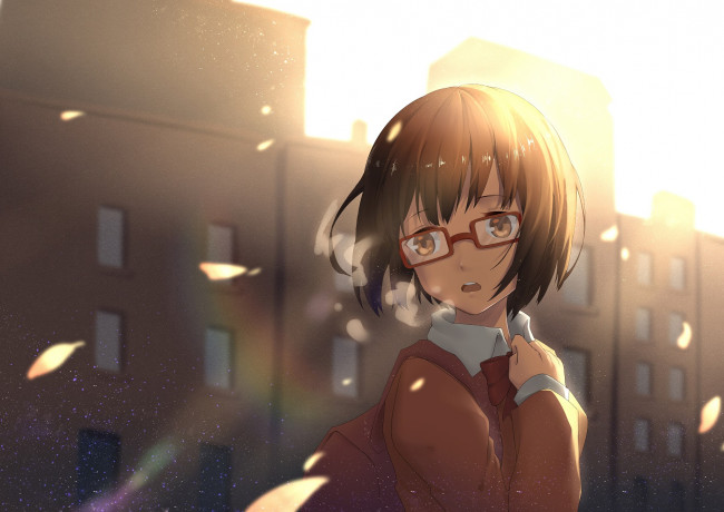 Обои картинки фото аниме, город,  улицы,  здания, фон, взгляд, девушка