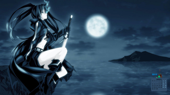 Обои картинки фото календари, аниме, водоем, катана, взгляд, девушка, 2018