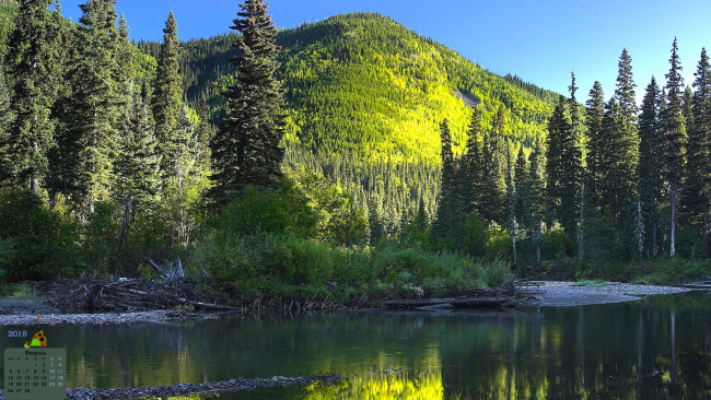 Обои картинки фото календари, природа, гора, водоем, деревья, 2018