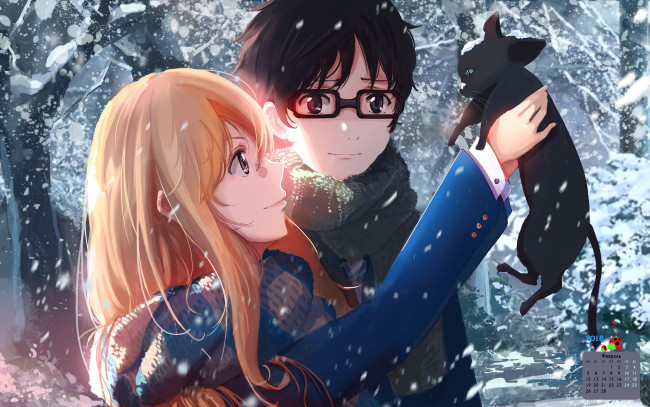 Обои картинки фото календари, аниме, снег, очки, кошка, парень, взгляд, девушка, 2018
