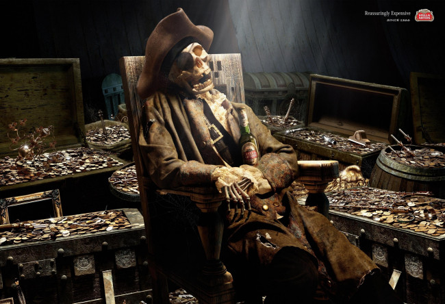 Обои картинки фото бренды, stella artois, мертвец, пиво, монеты, сундуки