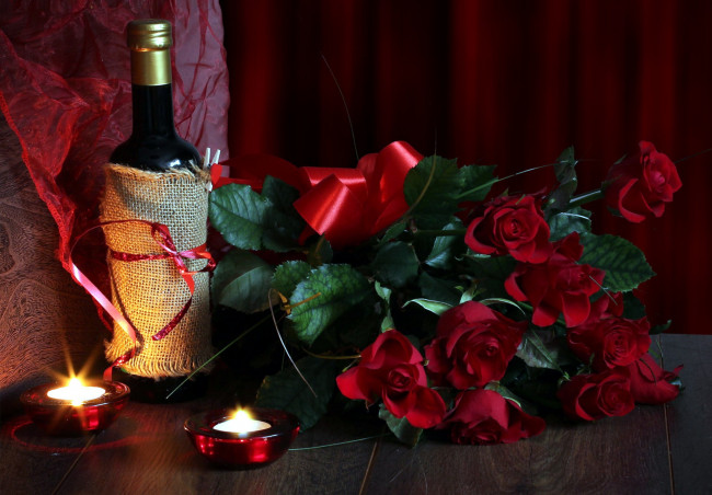 Обои картинки фото еда, напитки,  вино, бант, свечи, розы, вино, бутылка