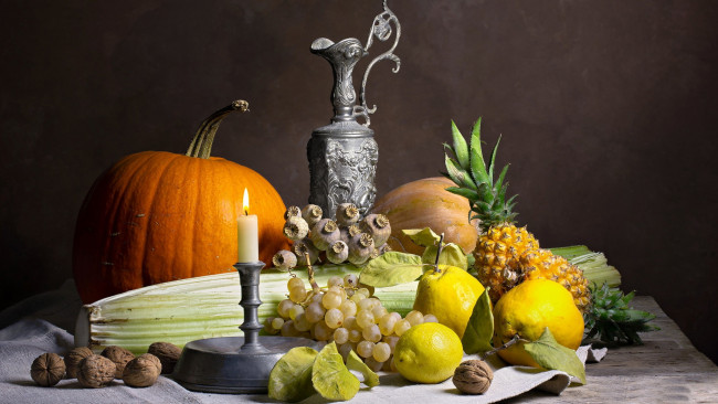 Обои картинки фото еда, натюрморт, тыква, виноград, мак, ананас, орехи