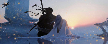 обоя фэнтези, _ghost blade ,  призрачный клинок, воин, эльфийка, светлячки, рассвет