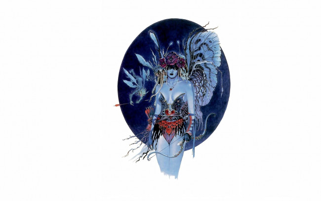 Обои картинки фото рисованное, chris achilleos, девушка, крылья, лук