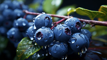 Картинка 3д+графика другое+ other листья вода капли ягоды влага ветка черника голубика