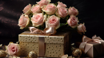 Картинка праздничные подарки+и+коробочки цветы праздник подарок розы свеча букет свечи бант