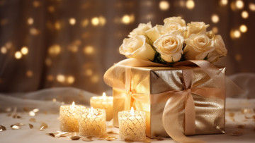 обоя праздничные, подарки и коробочки, цветы, праздник, подарок, розы, свеча, букет, свечи, бант