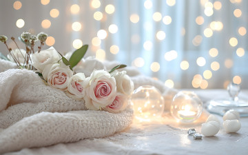 Картинка 3д+графика цветы+ flowers свет цветы розы букет свечи нежные розовые ии-арт