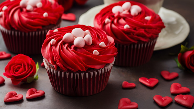 Обои картинки фото 3д графика, другое , other, кекс, крем, розы, сердечки, десерт