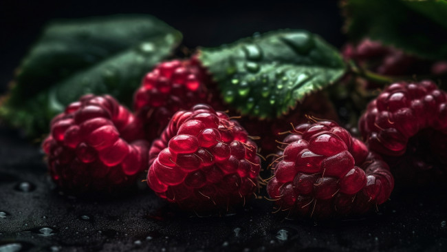 Обои картинки фото 3д графика, другое , other, листья, капли, макро, ягоды, малина, черный, фон, ии-арт, нейросеть