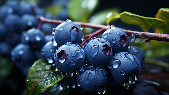 Обои картинки фото 3д графика, другое , other, листья, вода, капли, ягоды, влага, ветка, черника, голубика