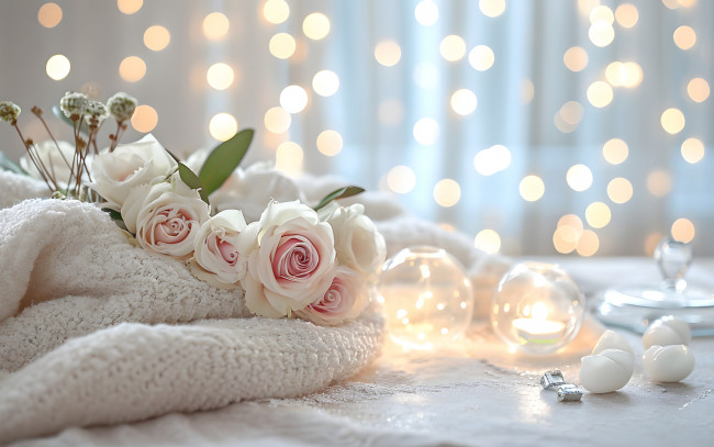 Обои картинки фото 3д графика, цветы , flowers, свет, цветы, розы, букет, свечи, нежные, розовые, ии-арт