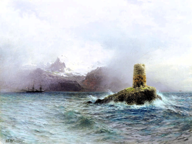 Обои картинки фото рисованное, лев лагорио, море, скалы, корабль