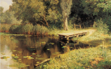 Картинка заросший пруд рисованные природа