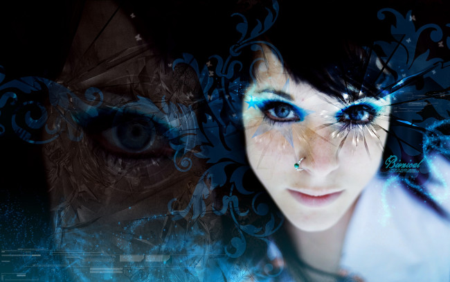 Обои картинки фото разное, компьютерный, дизайн, улыбка, взгляд, лицо, девушка, пирсинг, сияние, дым