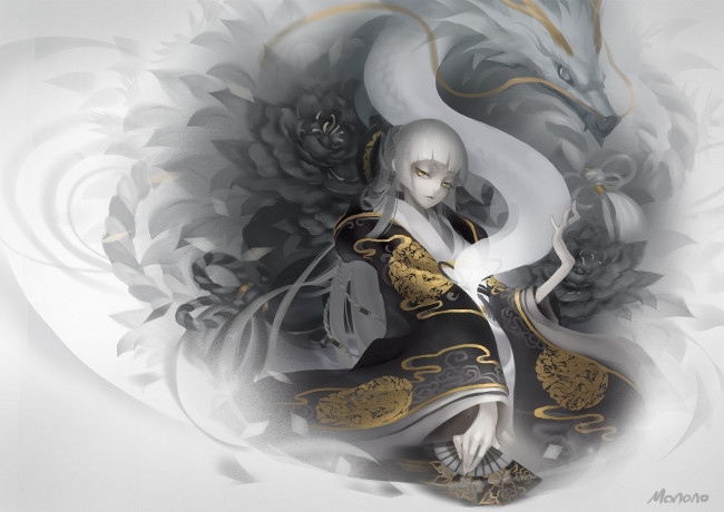 Обои картинки фото аниме, angels, demons, monono, девушка, дракон, кимоно, веер, цветы, узор