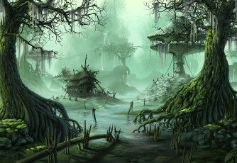 Картинка фэнтези иные+миры +иные+времена домики жилье болото лес растительность мир иной