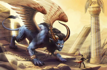 Картинка фэнтези существа иной схватка храм монстр воин мир