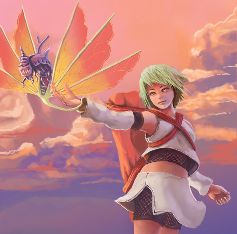 Обои картинки фото аниме, naruto, закат, насекомое, джинчурики, наруто, девушка