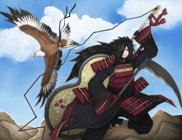 Обои картинки фото аниме, naruto, доспехи, коса, оружие, мадара, учиха, птица